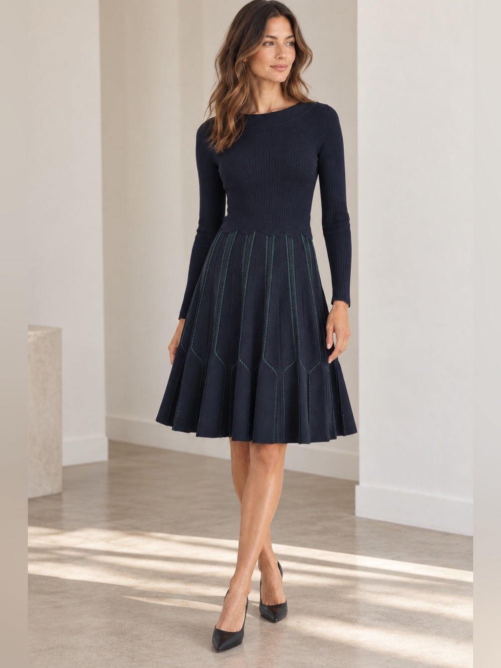 Sandro Paris Navy Green Contrast Stitch Ribbed Knit Fit & Flare Dress Size 36
